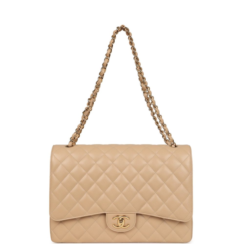 Chanel Maxi Classic Double Flap Bag Beige Caviar Gold Hardware - Image 7