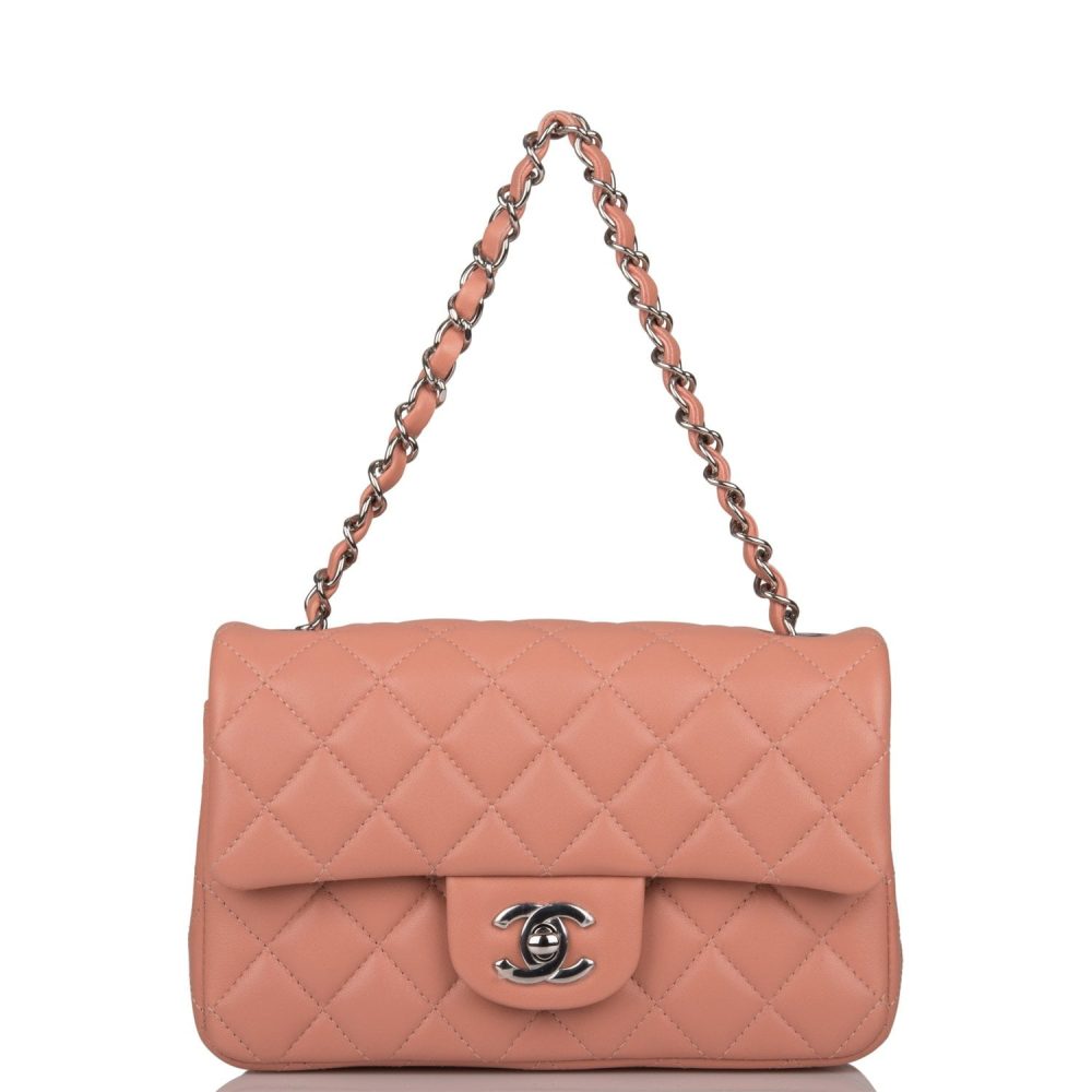 Chanel Mini Rectangular Flap Bag Rose Lambskin Silver Hardware - Image 7