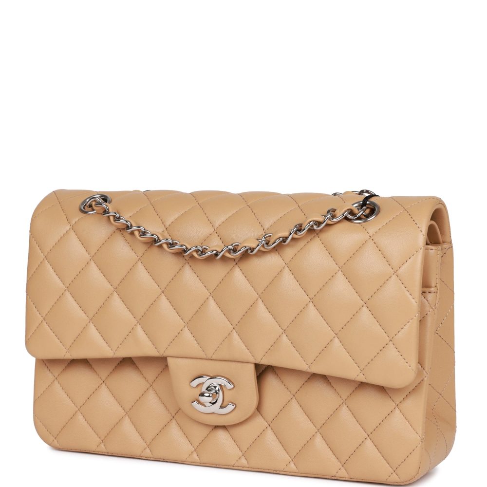 Chanel Medium Classic Double Flap Bag Beige Lambskin Silver Hardware - Image 5