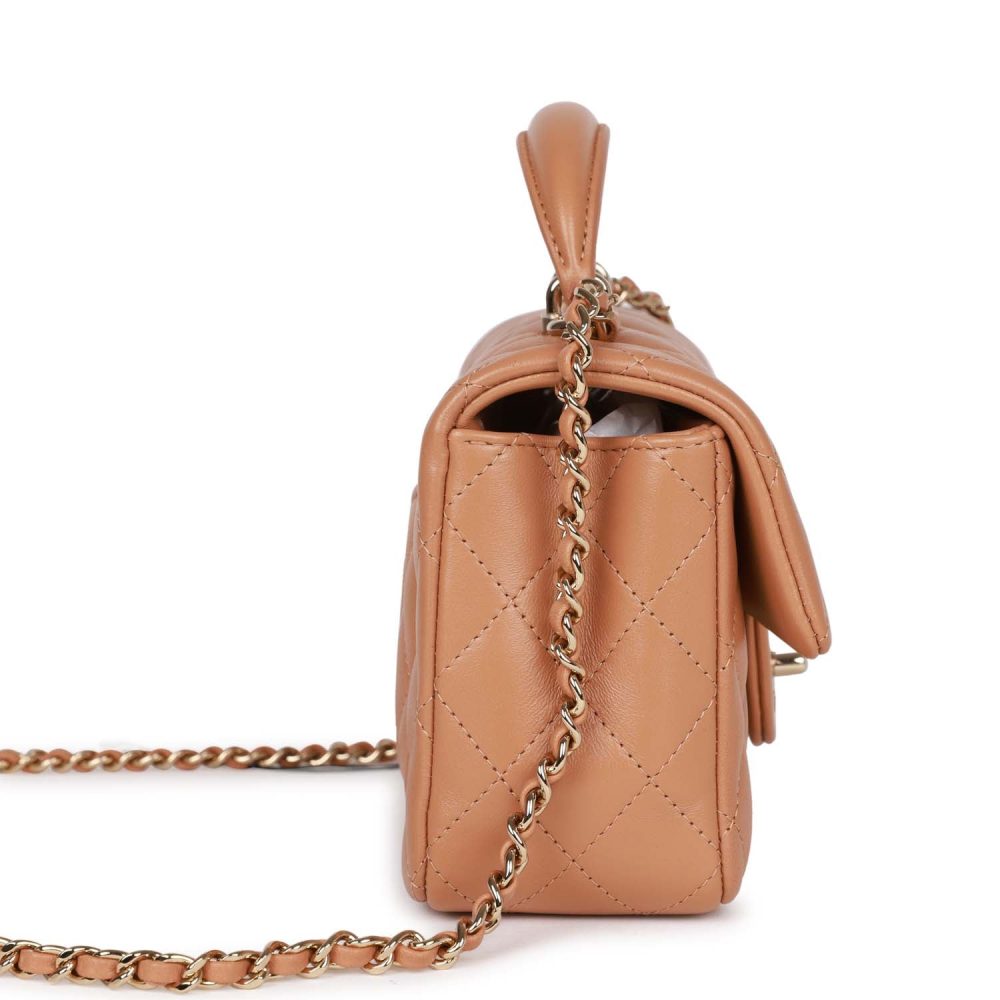 Chanel Mini Rectangular Flap with Top Handle Caramel Lambskin Light Gold Hardware - Image 3