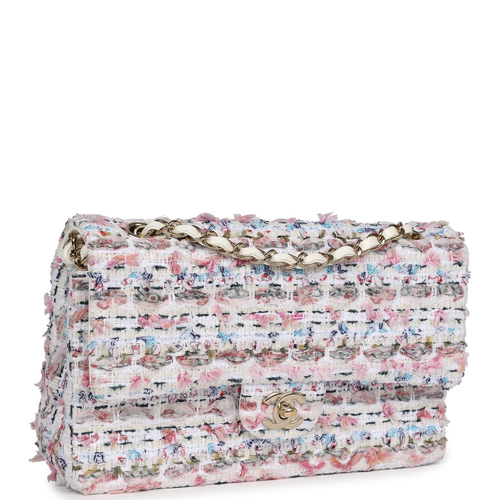 Pre-owned Chanel Medium Classic Double Flap White Multicolored Tweed Light Gold Hardware - Image 2