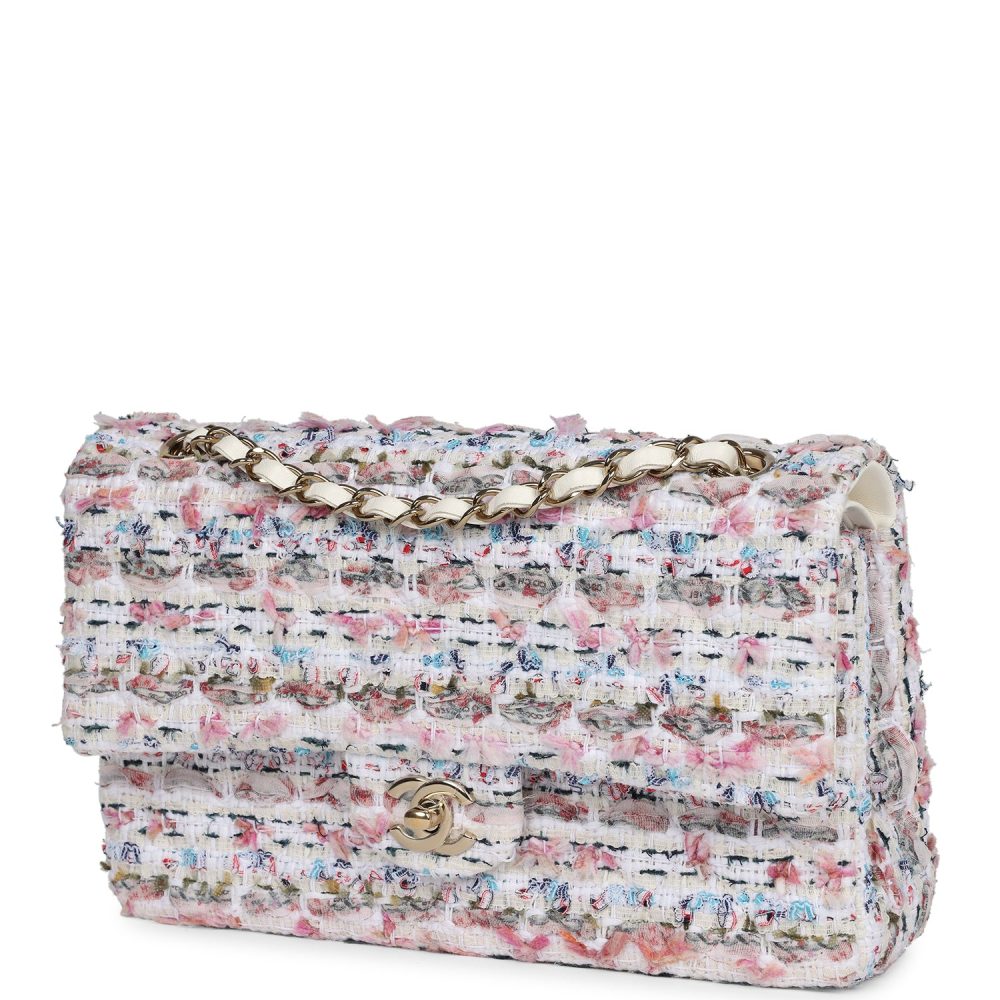 Pre-owned Chanel Medium Classic Double Flap White Multicolored Tweed Light Gold Hardware - Image 5