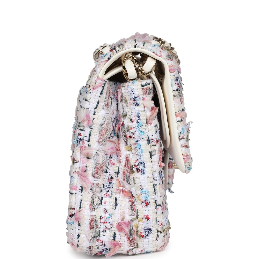 Pre-owned Chanel Medium Classic Double Flap White Multicolored Tweed Light Gold Hardware - Image 3