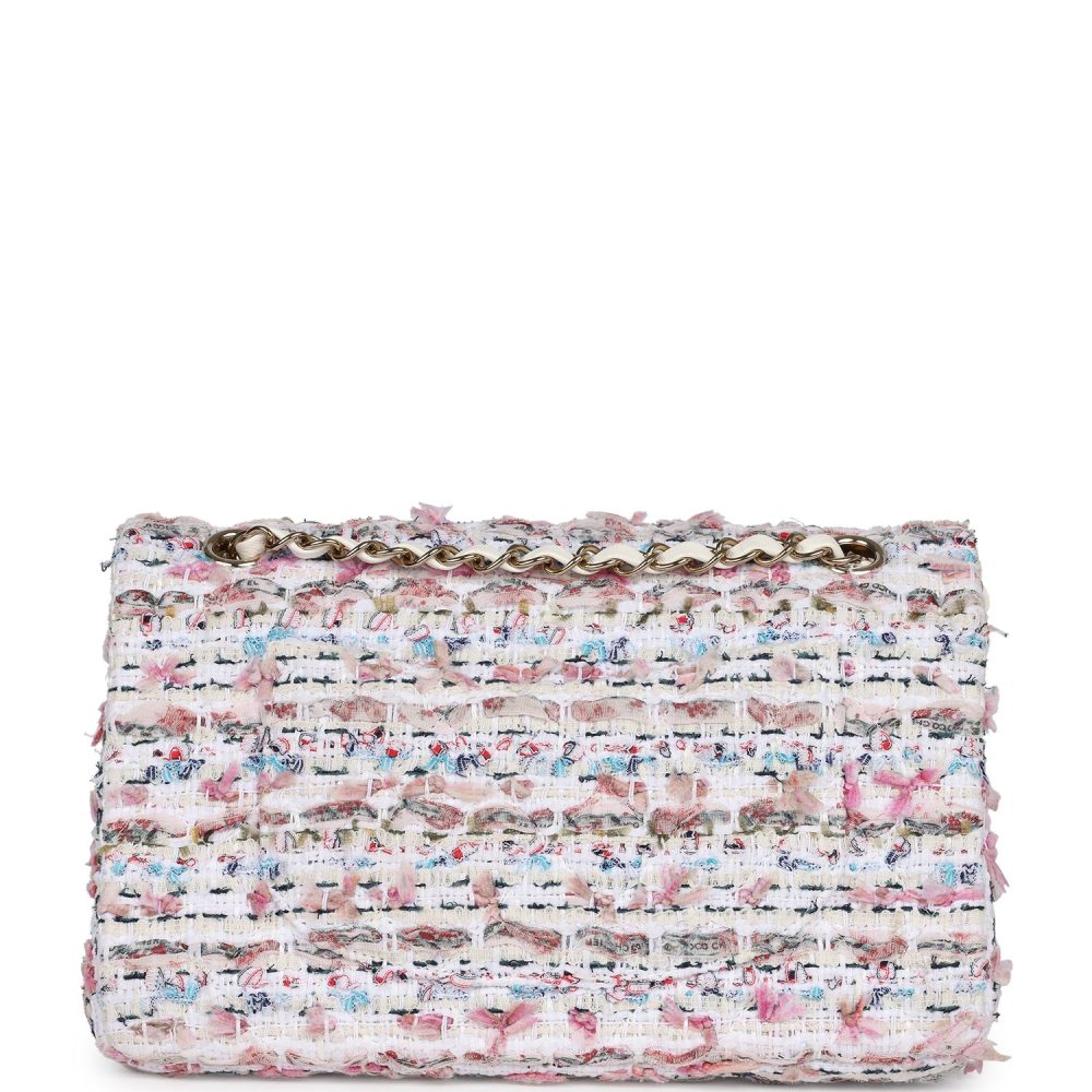 Pre-owned Chanel Medium Classic Double Flap White Multicolored Tweed Light Gold Hardware - Image 4