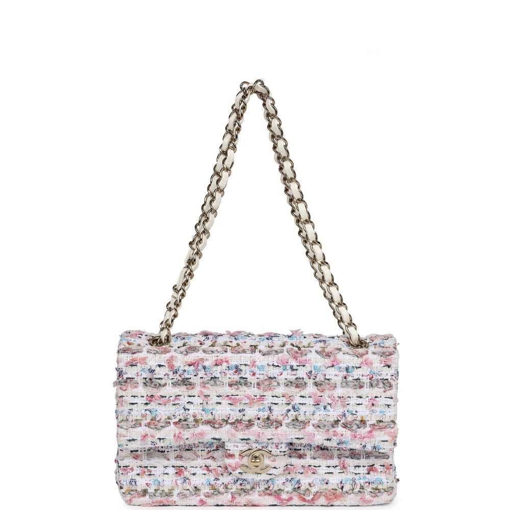 Pre-owned Chanel Medium Classic Double Flap White Multicolored Tweed Light Gold Hardware - Image 7
