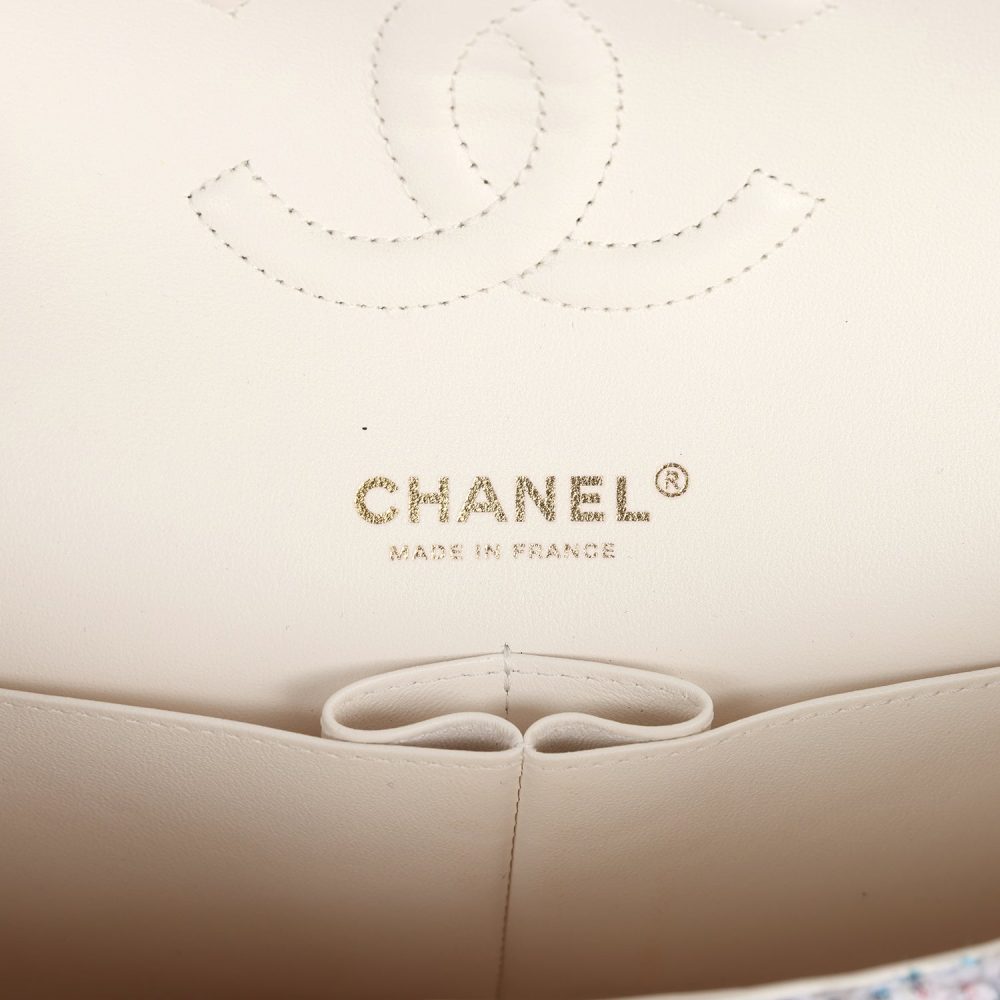 Pre-owned Chanel Medium Classic Double Flap White Multicolored Tweed Light Gold Hardware - Image 8