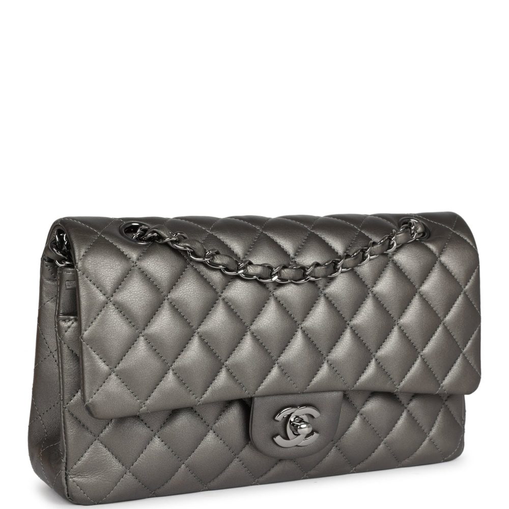 Pre-owned Chanel Medium Classic Double Flap Bag Metallic Grey Lambskin Silver Hardware - Image 2