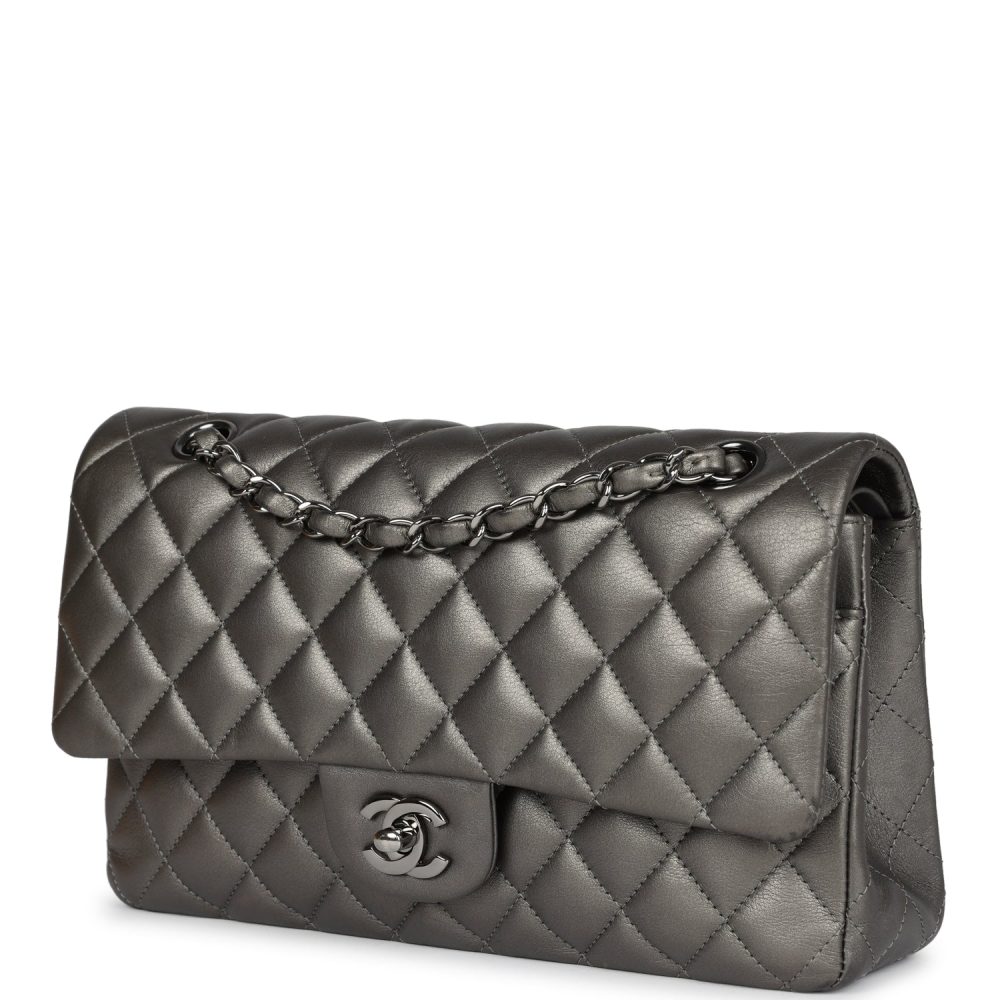 Pre-owned Chanel Medium Classic Double Flap Bag Metallic Grey Lambskin Silver Hardware - Image 5
