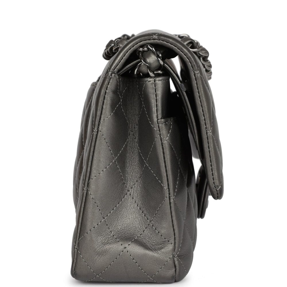 Pre-owned Chanel Medium Classic Double Flap Bag Metallic Grey Lambskin Silver Hardware - Image 3