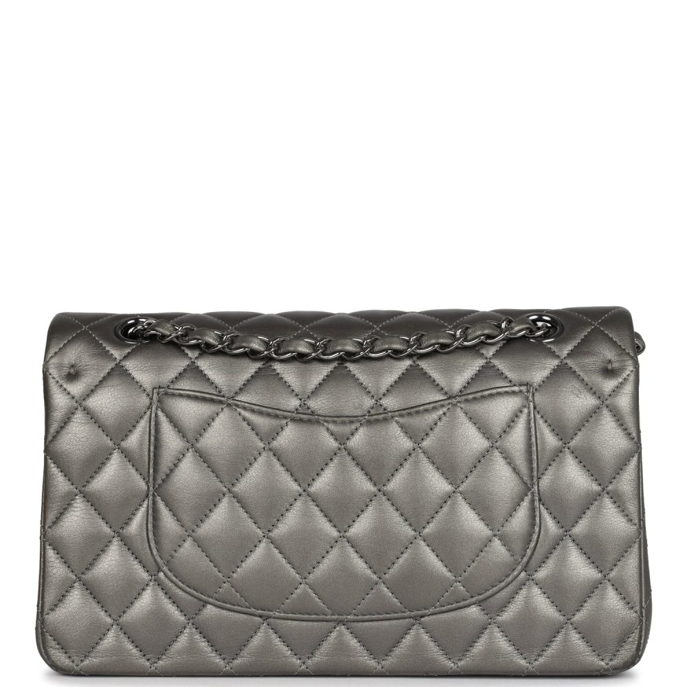 Pre-owned Chanel Medium Classic Double Flap Bag Metallic Grey Lambskin Silver Hardware - Image 4