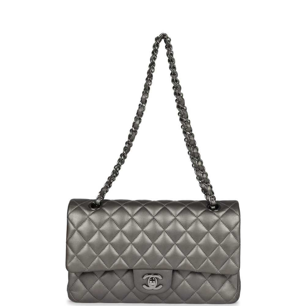 Pre-owned Chanel Medium Classic Double Flap Bag Metallic Grey Lambskin Silver Hardware - Image 7