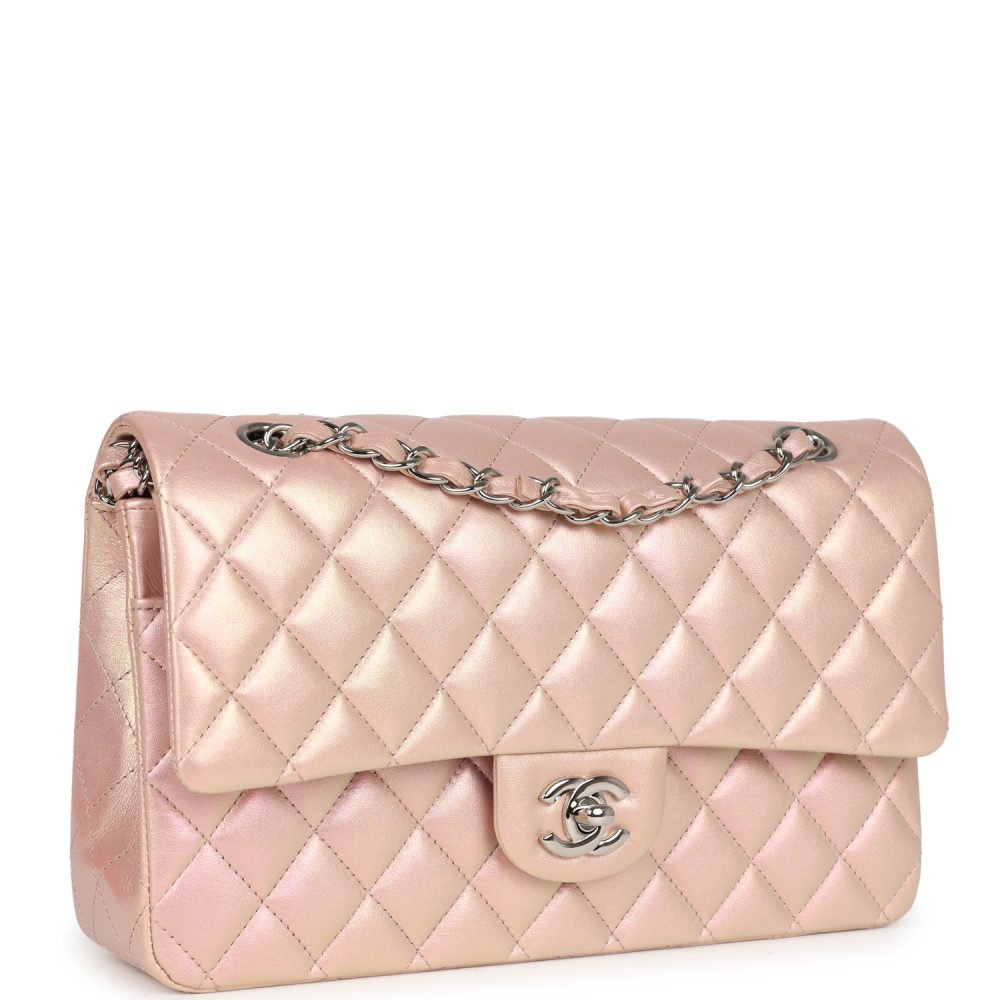 Chanel Medium Classic Double Flap Bag Pink Iridescent Lambskin Silver Hardware - Image 2