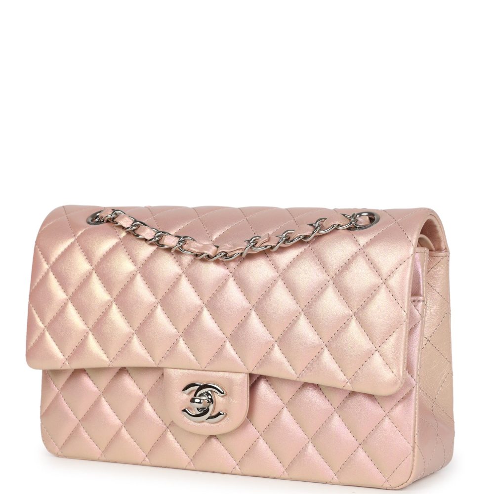 Chanel Medium Classic Double Flap Bag Pink Iridescent Lambskin Silver Hardware - Image 5