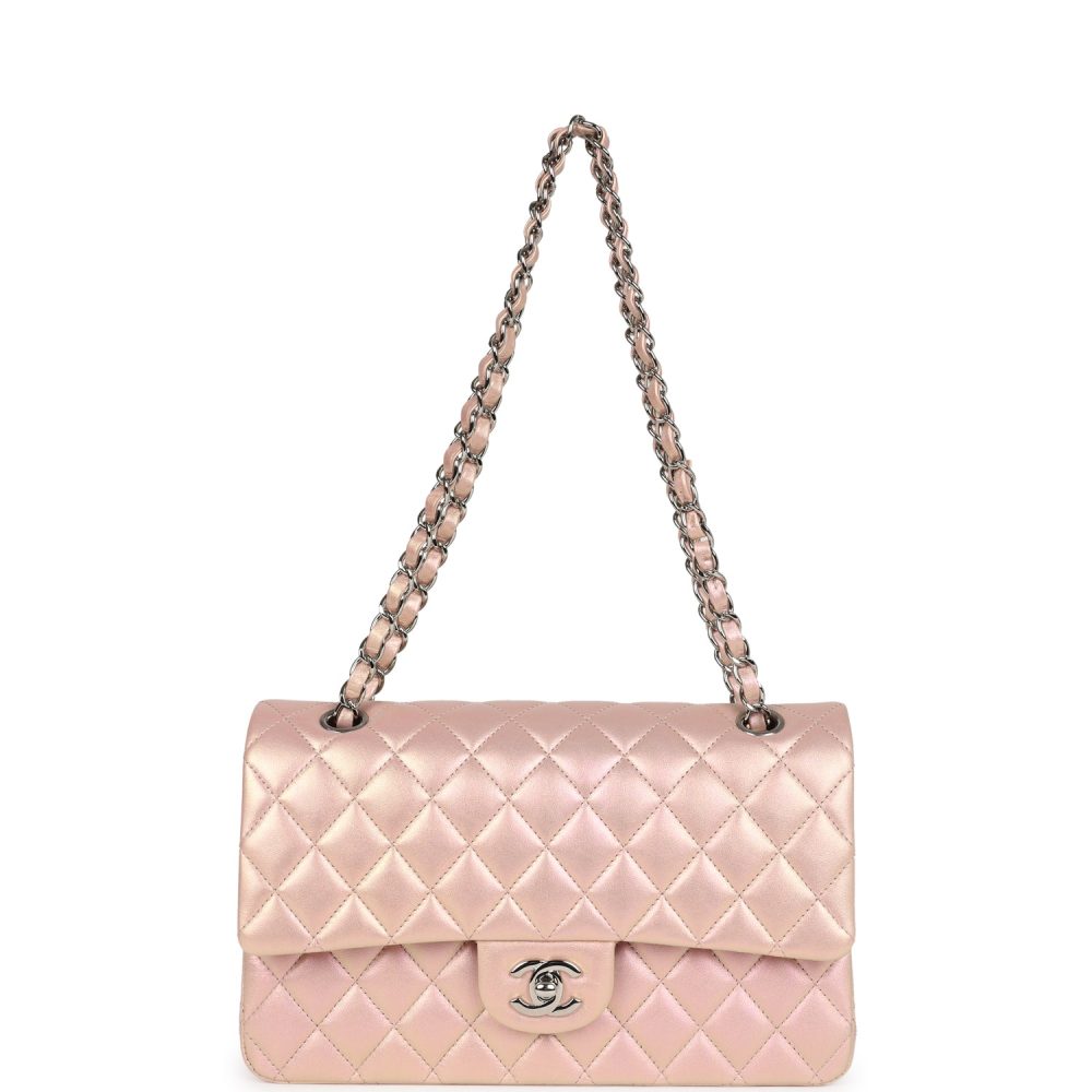 Chanel Medium Classic Double Flap Bag Pink Iridescent Lambskin Silver Hardware - Image 7
