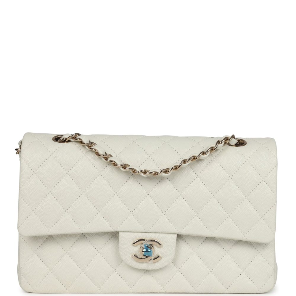 Chanel Medium Classic Double Flap White Caviar Light Gold Hardware