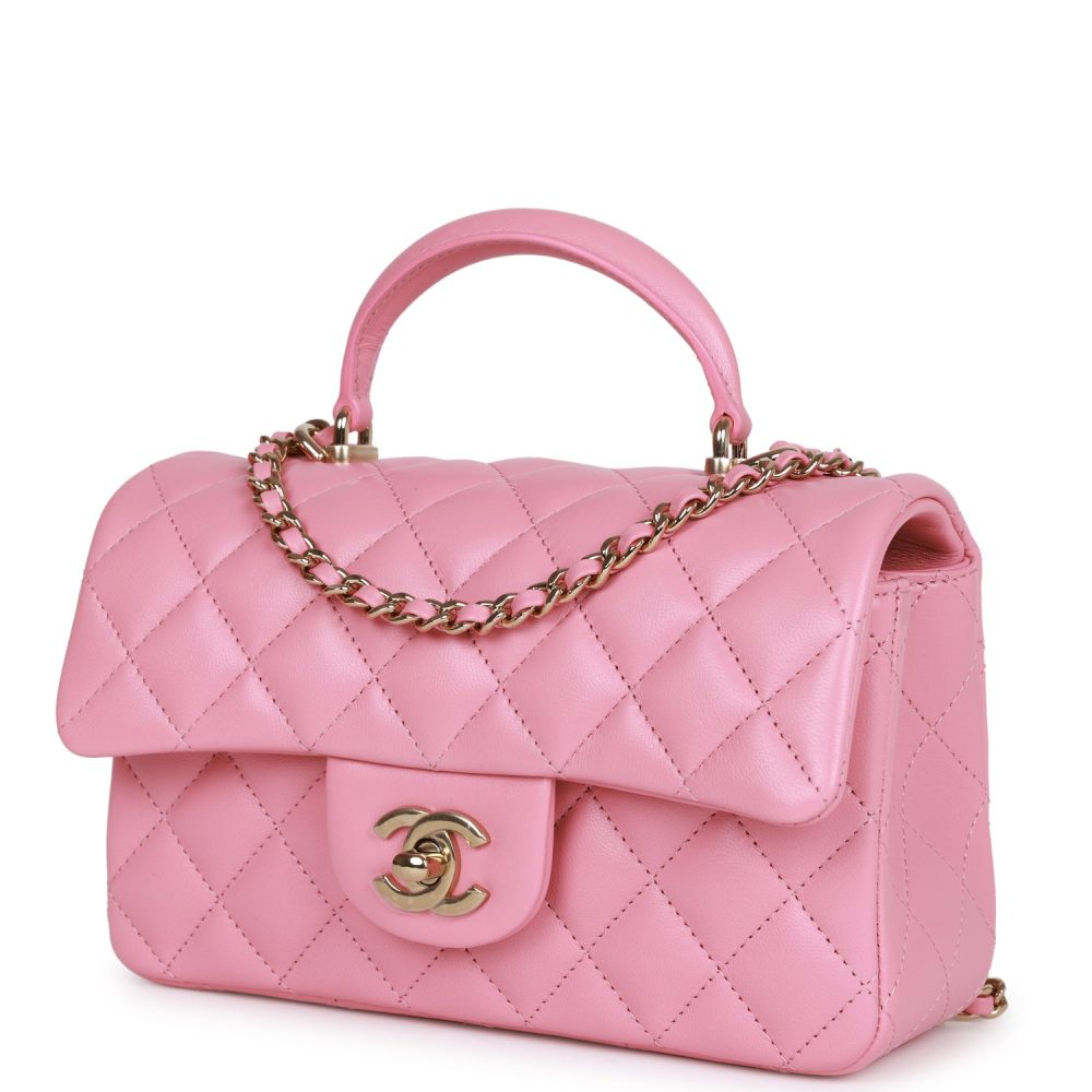 Chanel Mini Rectangular Flapbag with Top Handle Pink Lambskin Light Gold Hardware - Image 4