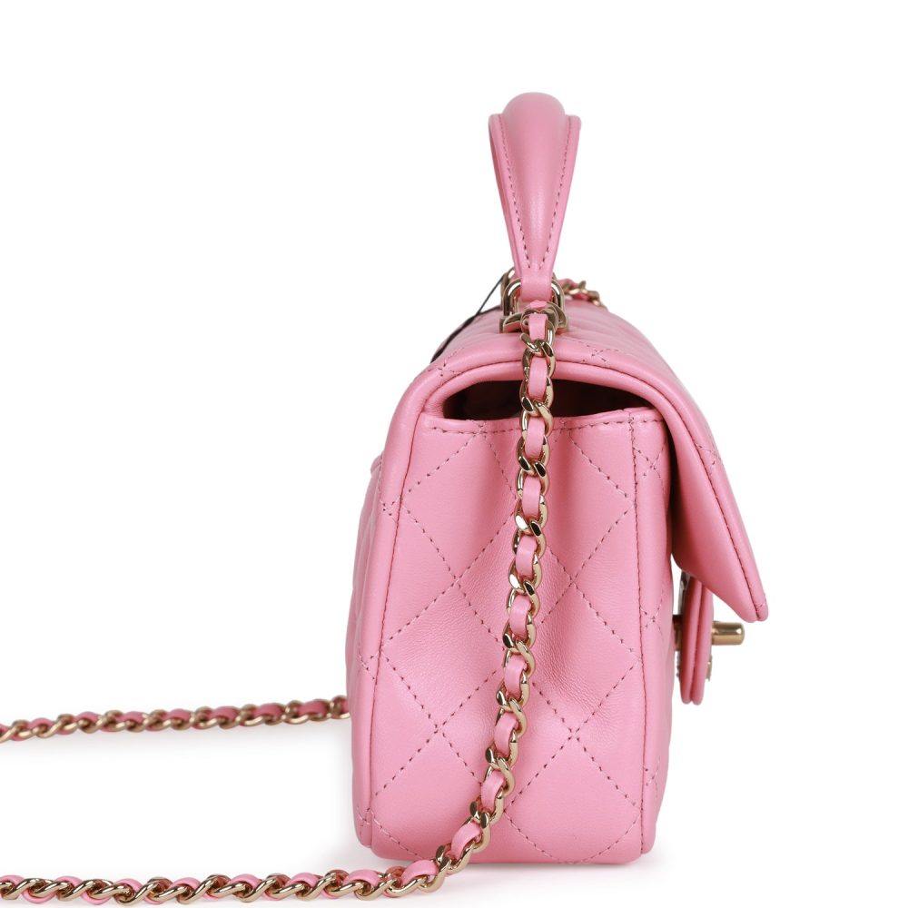 Chanel Mini Rectangular Flapbag with Top Handle Pink Lambskin Light Gold Hardware - Image 3