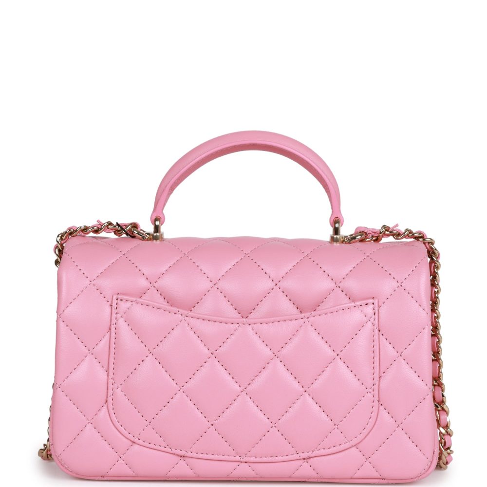 Chanel Mini Rectangular Flapbag with Top Handle Pink Lambskin Light Gold Hardware - Image 5