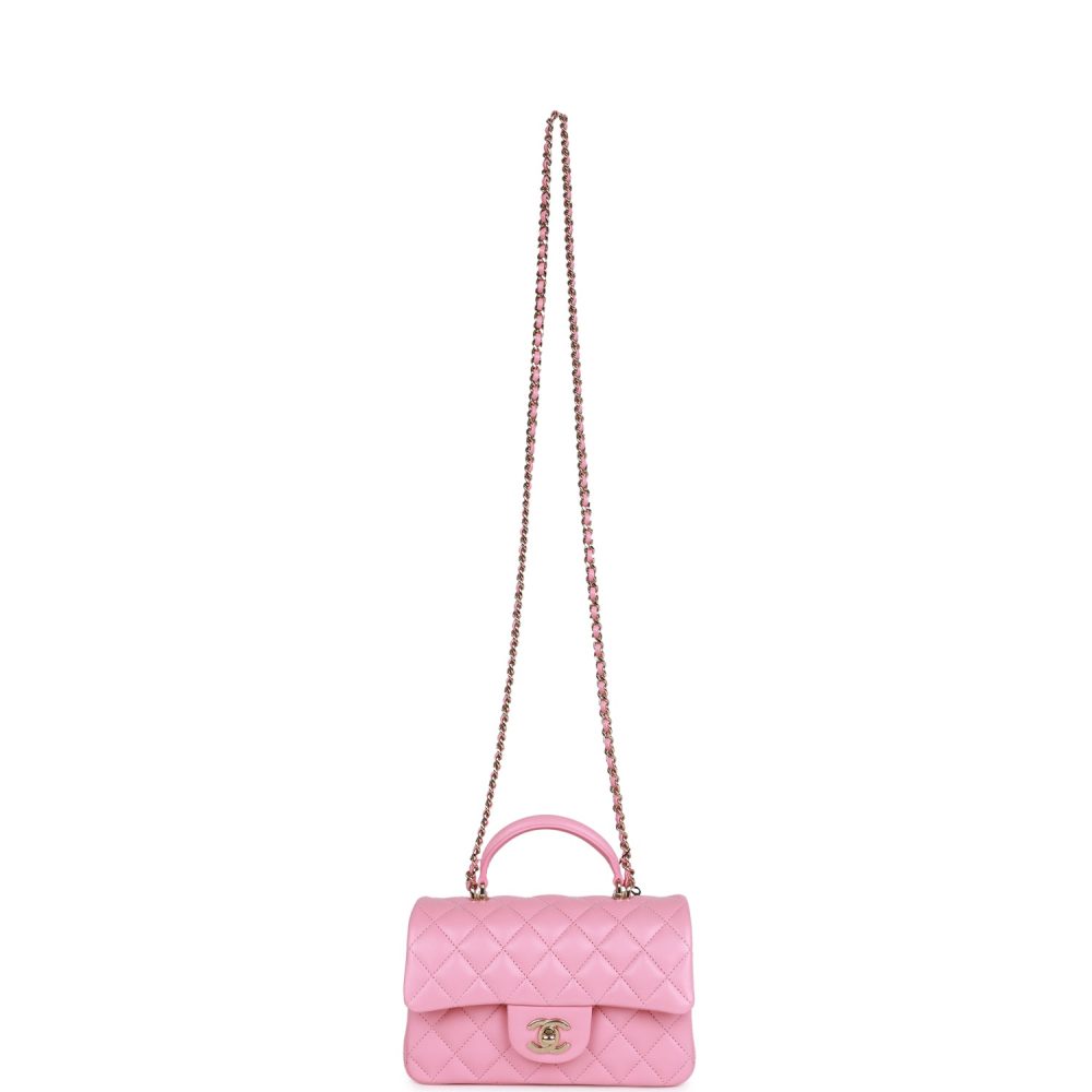 Chanel Mini Rectangular Flapbag with Top Handle Pink Lambskin Light Gold Hardware - Image 7