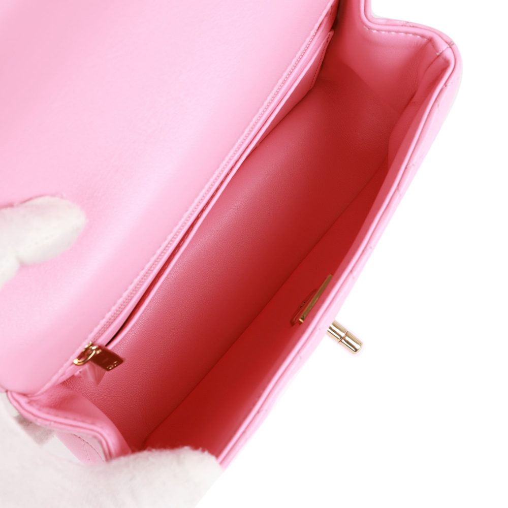 Chanel Mini Rectangular Flapbag with Top Handle Pink Lambskin Light Gold Hardware - Image 8