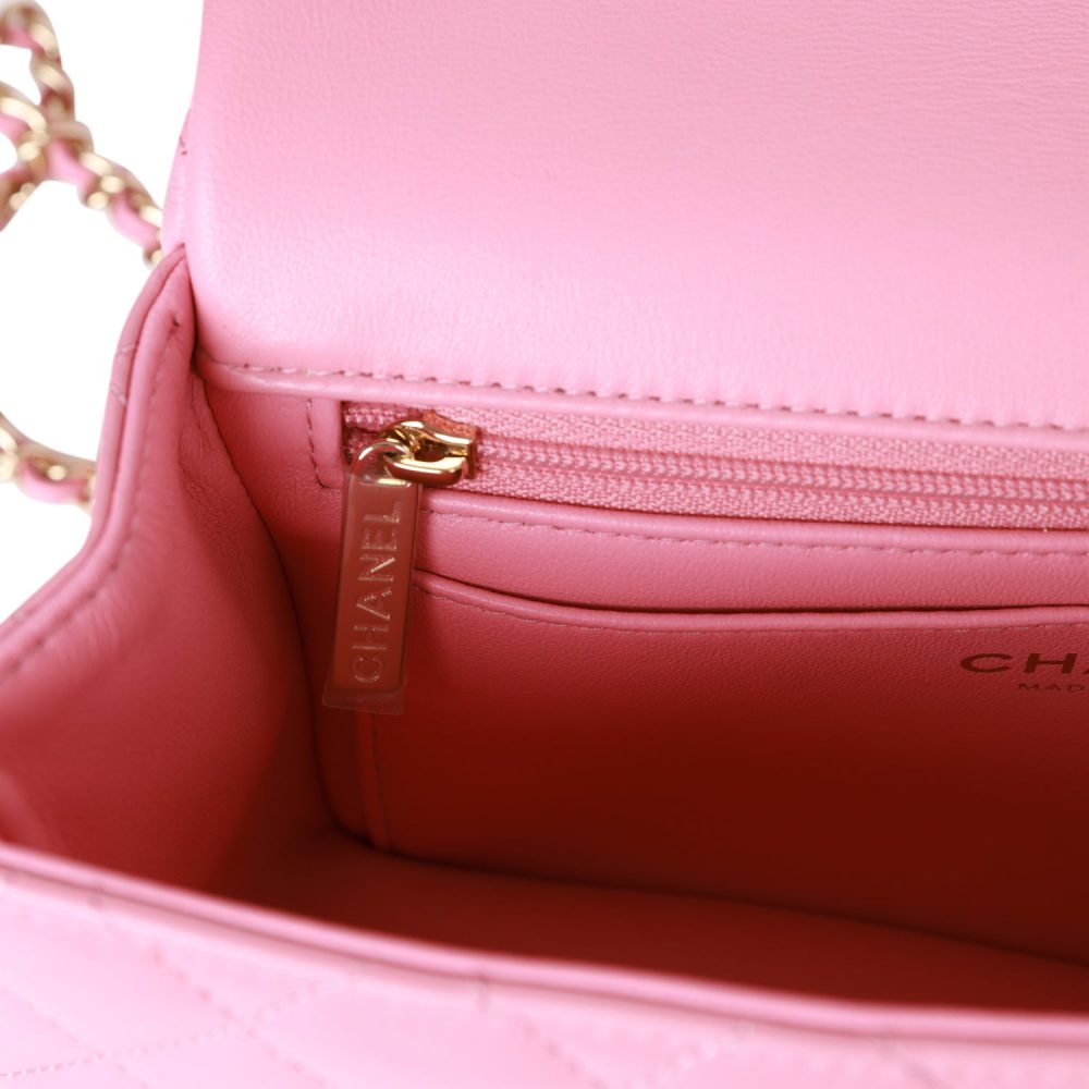 Chanel Mini Rectangular Flapbag with Top Handle Pink Lambskin Light Gold Hardware - Image 10