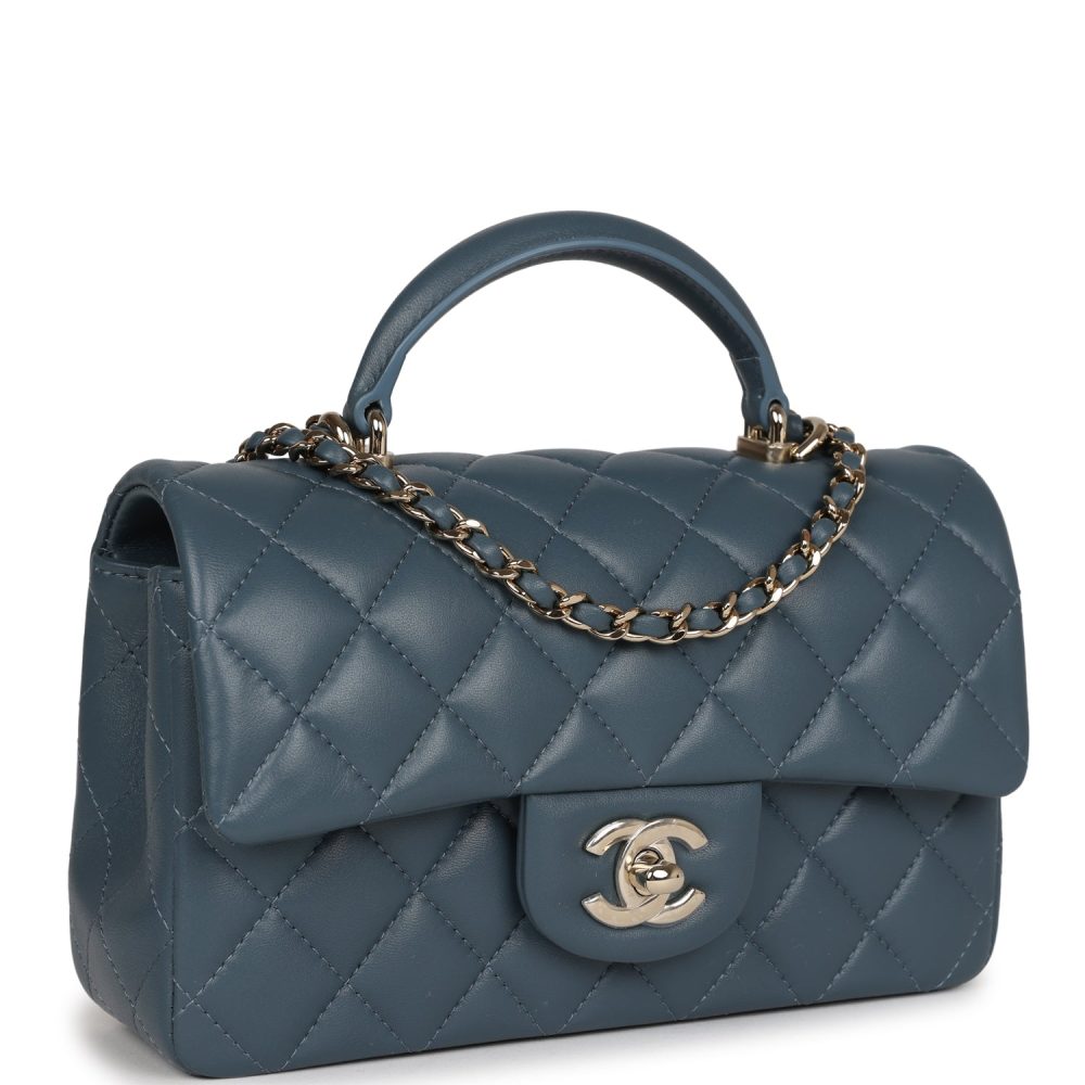 Chanel Mini Rectangular Flap with Top Handle Blue Lambskin Light Gold Hardware - Image 2