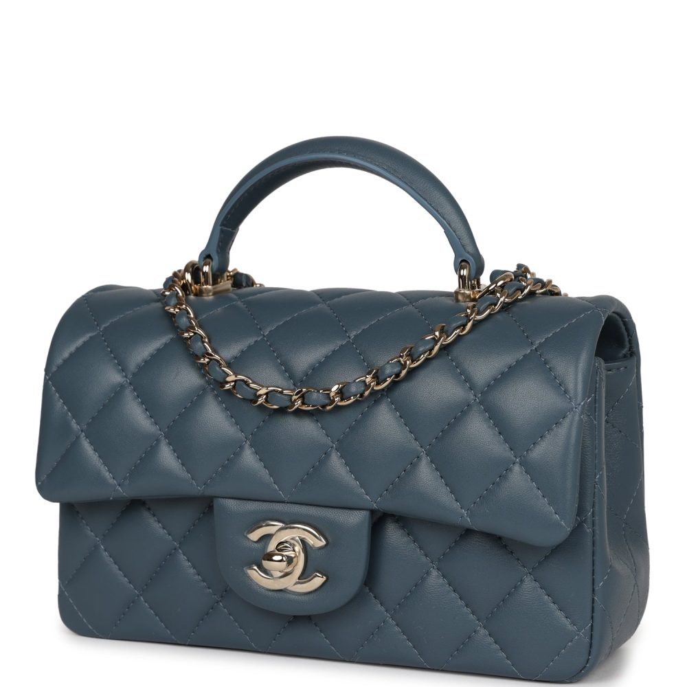 Chanel Mini Rectangular Flap with Top Handle Blue Lambskin Light Gold Hardware - Image 5