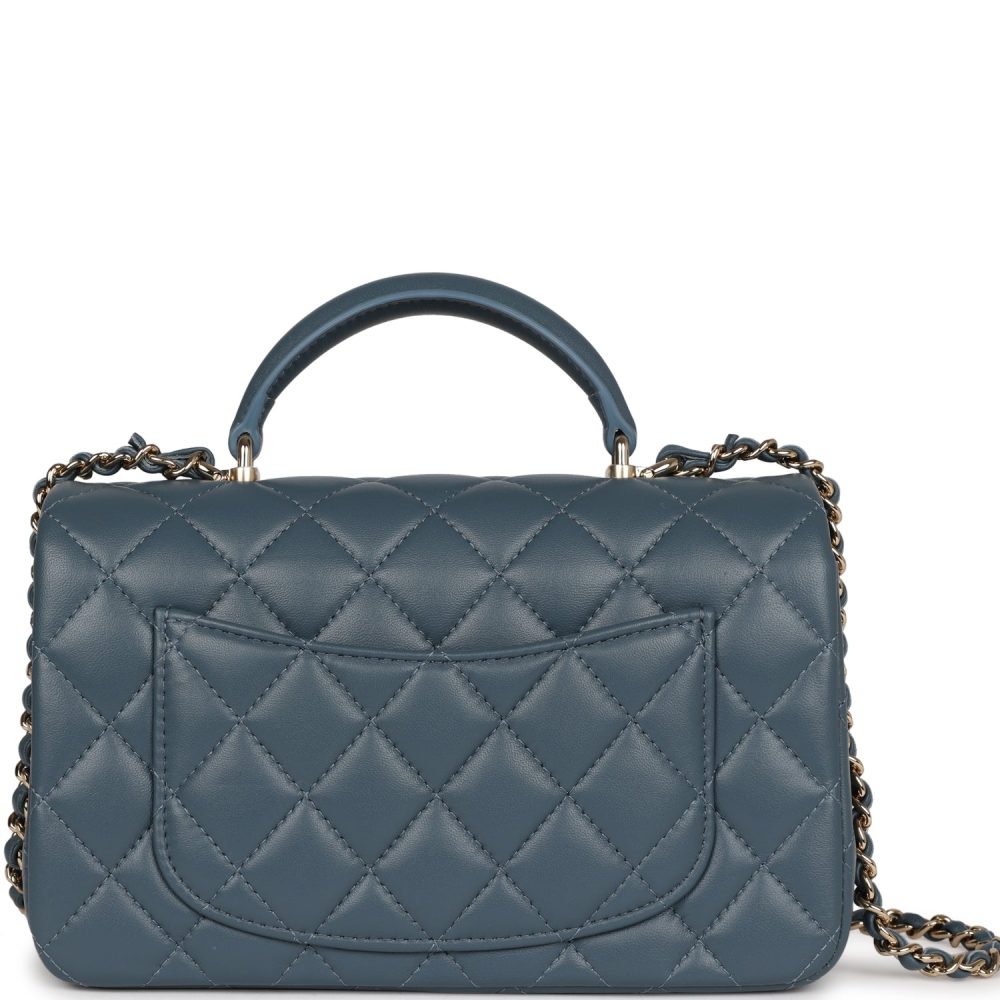 Chanel Mini Rectangular Flap with Top Handle Blue Lambskin Light Gold Hardware - Image 4