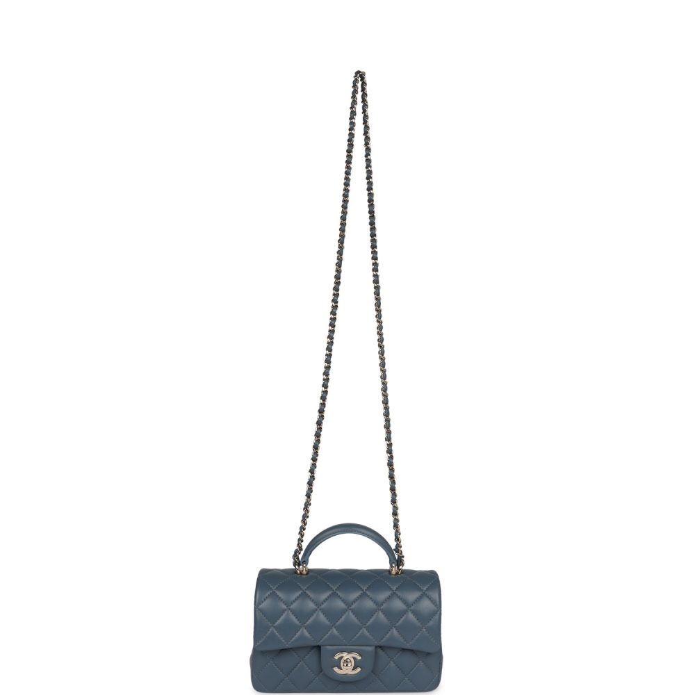 Chanel Mini Rectangular Flap with Top Handle Blue Lambskin Light Gold Hardware - Image 7