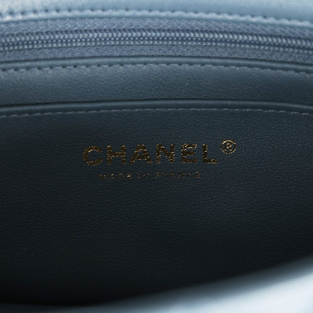 Chanel Mini Rectangular Flap with Top Handle Blue Lambskin Light Gold Hardware - Image 9