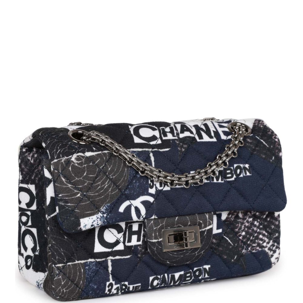 Chanel Mini Reissue 2.55 Flap Bag Navy Graffiti Jersey Ruthenium Hardware - Image 2