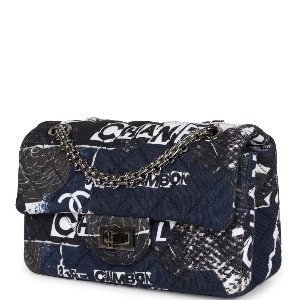 Chanel Mini Reissue 2.55 Flap Bag Navy Graffiti Jersey Ruthenium Hardware - Image 5