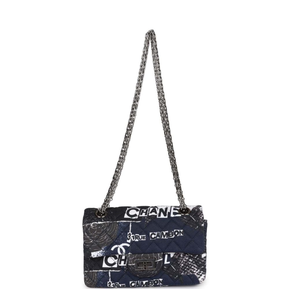 Chanel Mini Reissue 2.55 Flap Bag Navy Graffiti Jersey Ruthenium Hardware - Image 7