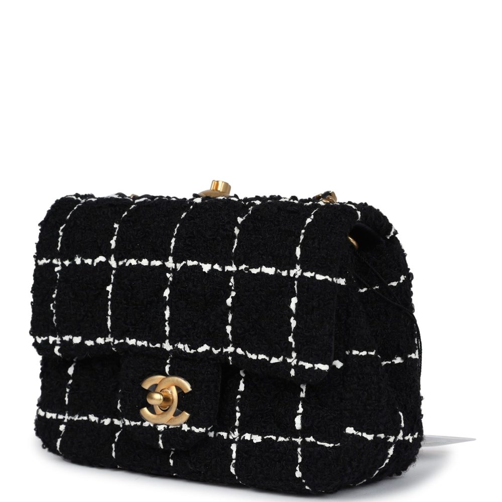 Chanel Mini Pearl Crush Square Flap Bag White and Black Tweed Antique Gold Hardware - Image 3