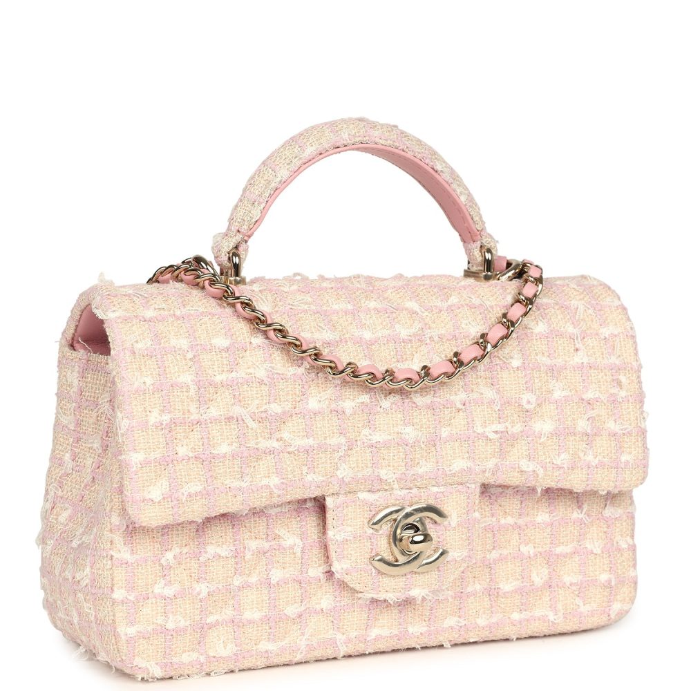 Chanel Mini Rectangular Top Handle Flap Pink and White Tweed Light Gold Hardware - Image 2