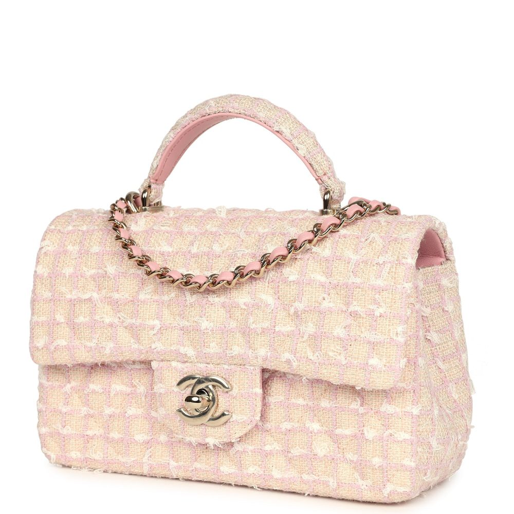 Chanel Mini Rectangular Top Handle Flap Pink and White Tweed Light Gold Hardware - Image 5