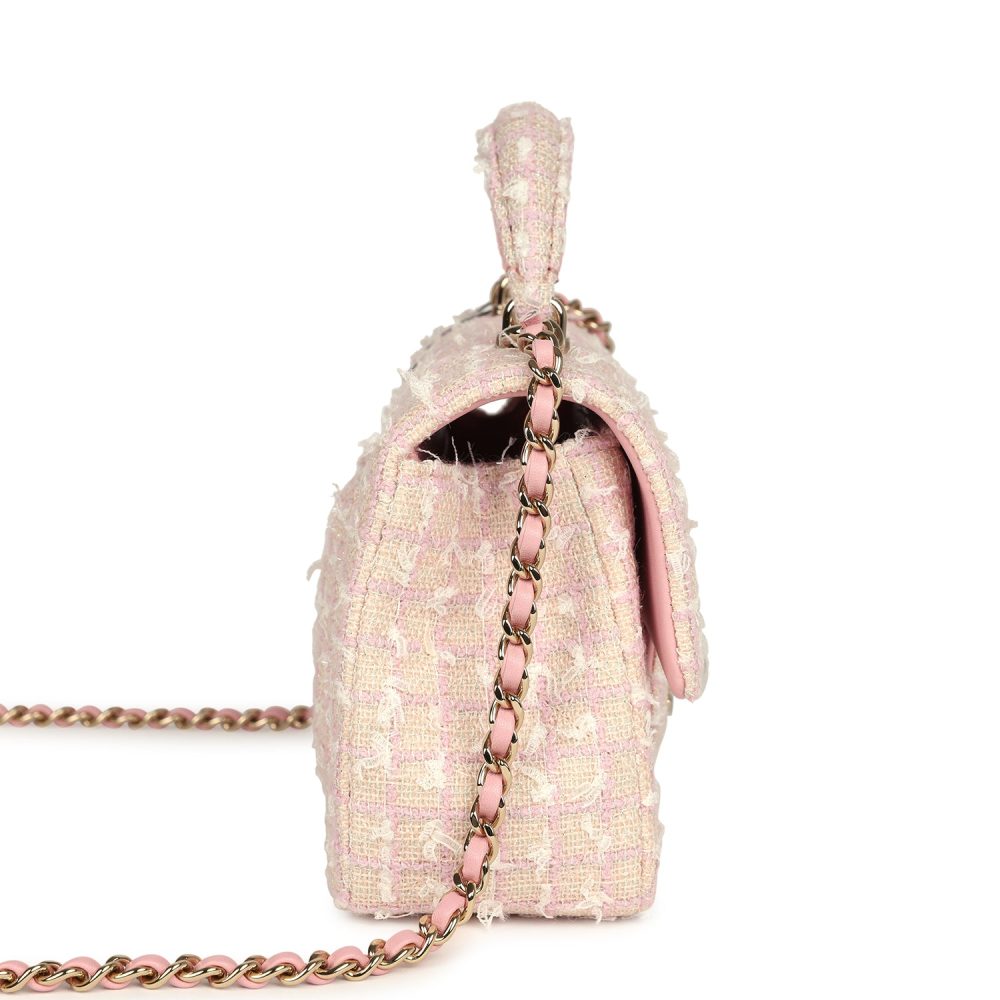 Chanel Mini Rectangular Top Handle Flap Pink and White Tweed Light Gold Hardware - Image 3