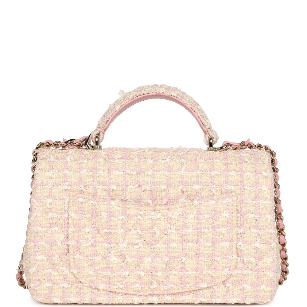Chanel Mini Rectangular Top Handle Flap Pink and White Tweed Light Gold Hardware - Image 4