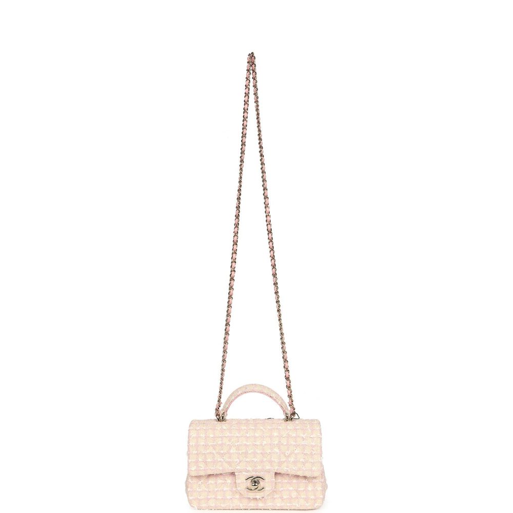Chanel Mini Rectangular Top Handle Flap Pink and White Tweed Light Gold Hardware - Image 7
