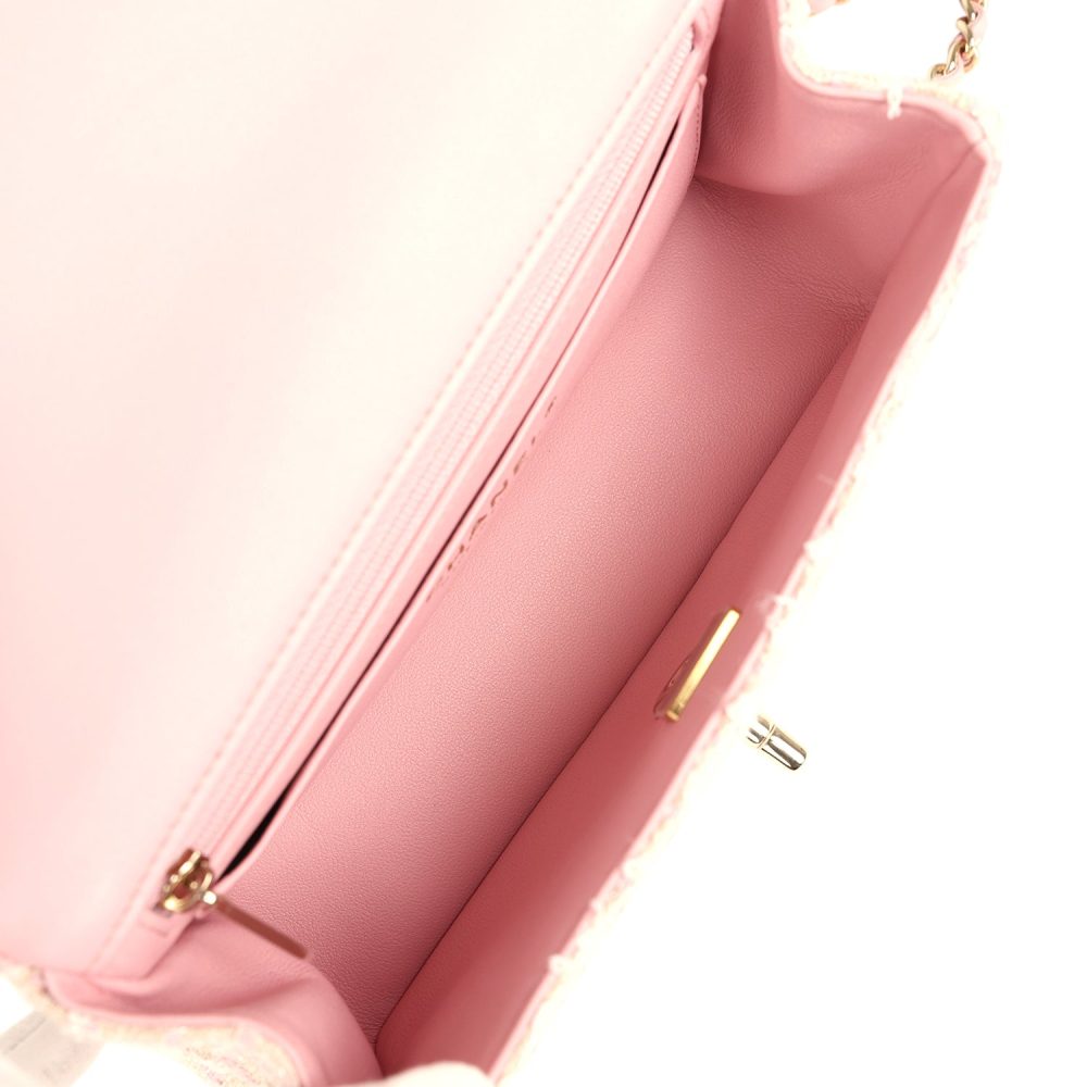 Chanel Mini Rectangular Top Handle Flap Pink and White Tweed Light Gold Hardware - Image 8