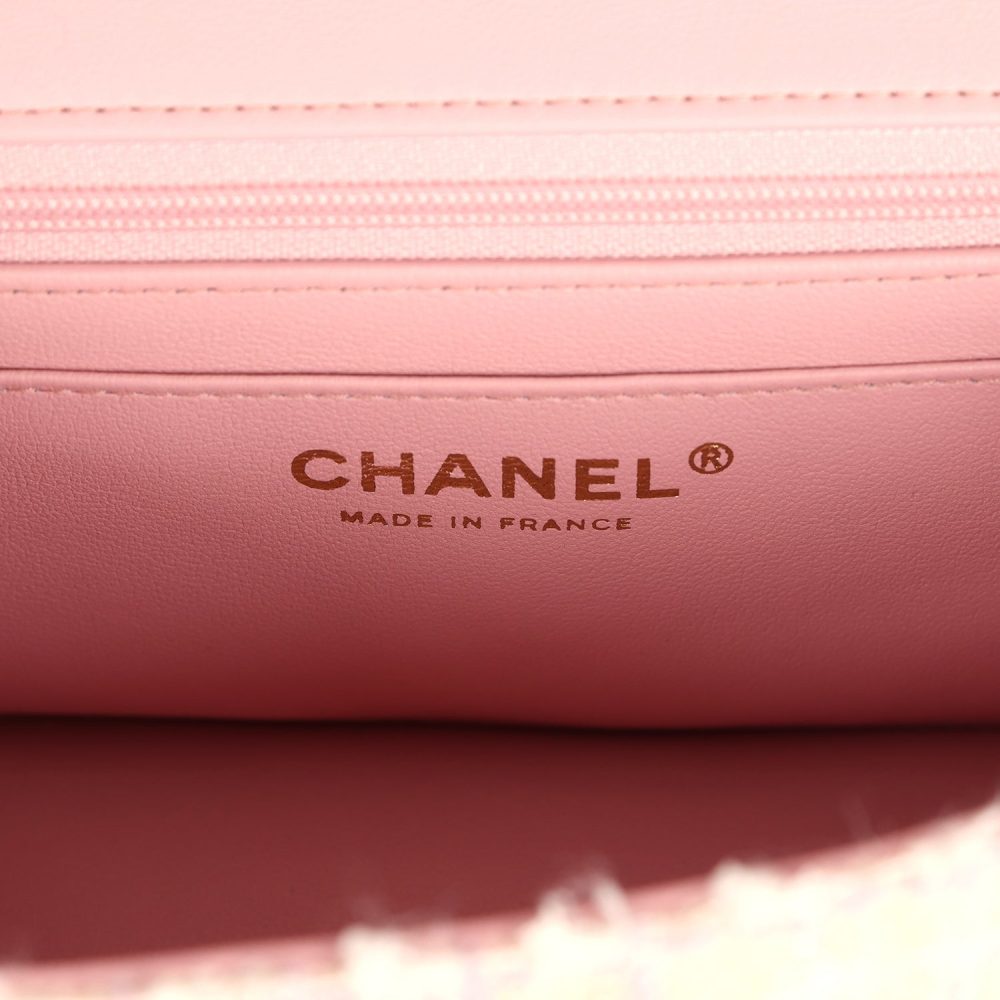 Chanel Mini Rectangular Top Handle Flap Pink and White Tweed Light Gold Hardware - Image 9