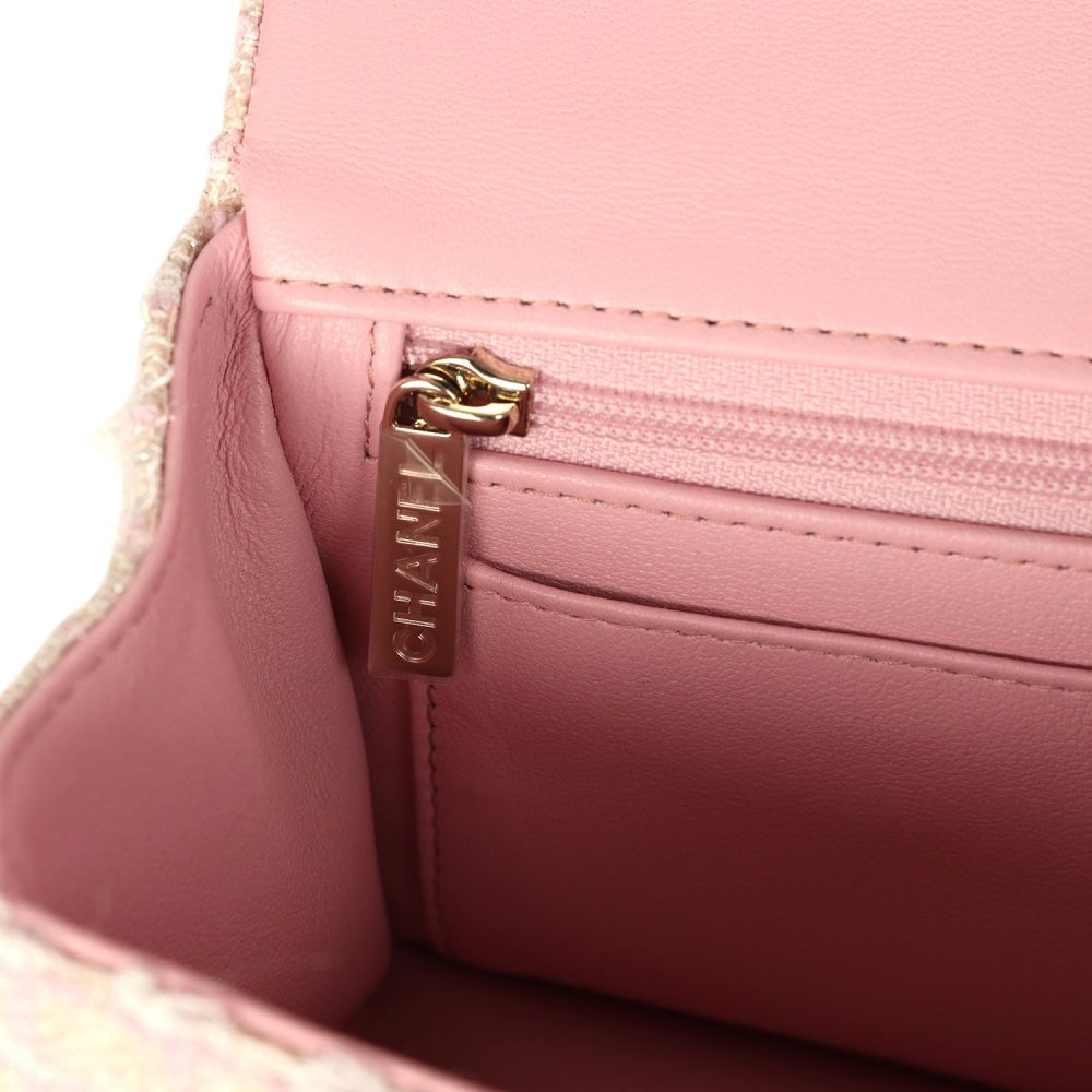 Chanel Mini Rectangular Top Handle Flap Pink and White Tweed Light Gold Hardware - Image 10