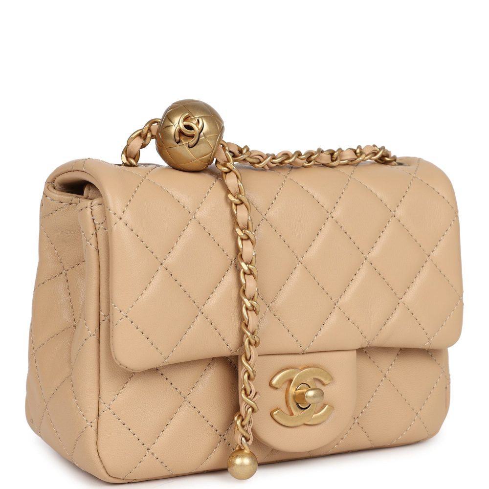 Chanel Mini Square Pearl Crush Flap Bag Beige Lambskin Aged Gold Hardware - Image 2