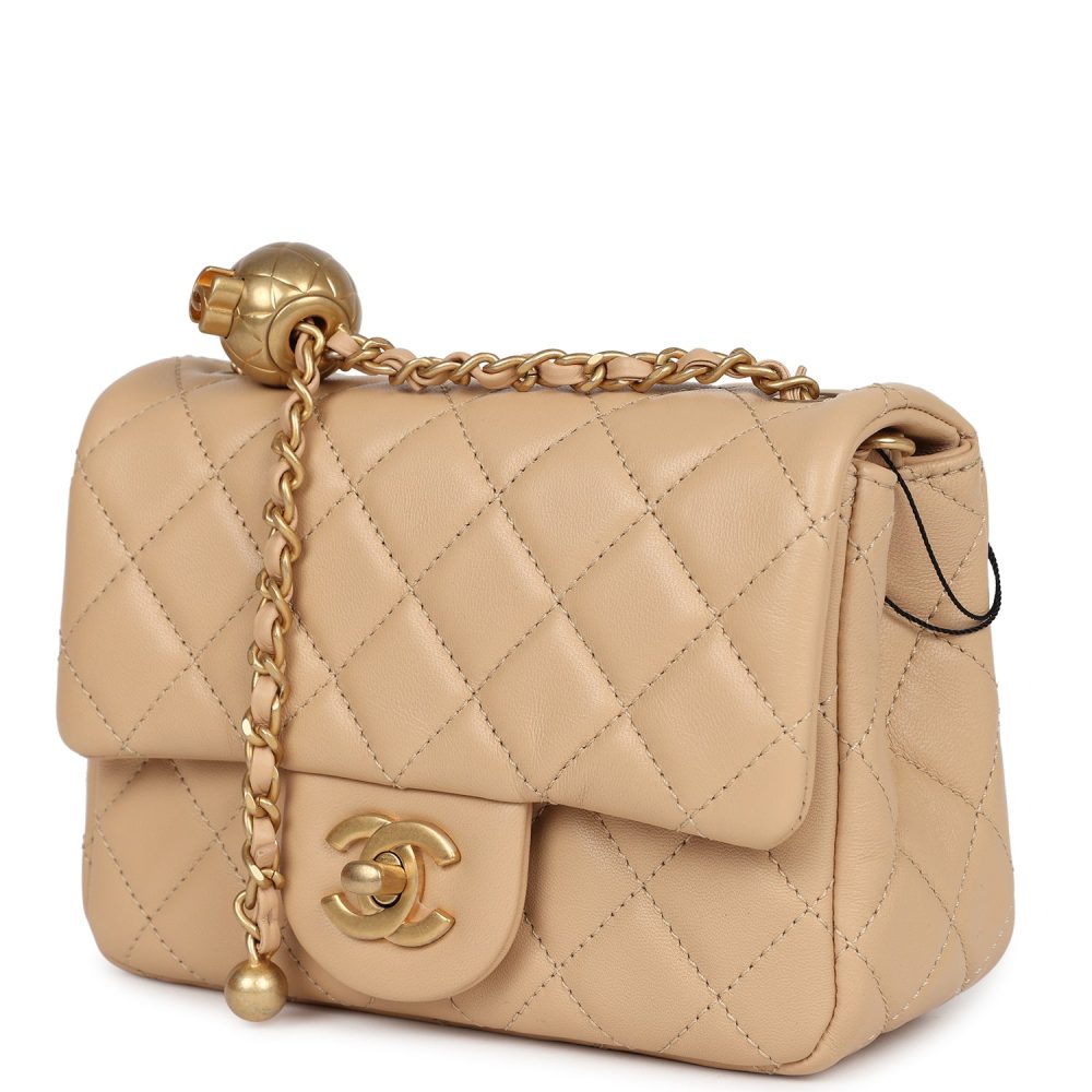 Chanel Mini Square Pearl Crush Flap Bag Beige Lambskin Aged Gold Hardware - Image 3