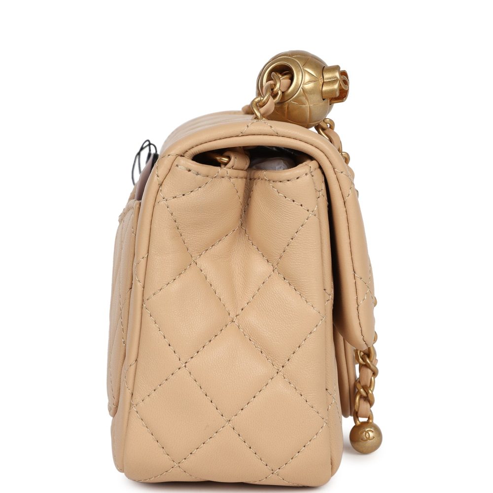 Chanel Mini Square Pearl Crush Flap Bag Beige Lambskin Aged Gold Hardware - Image 4