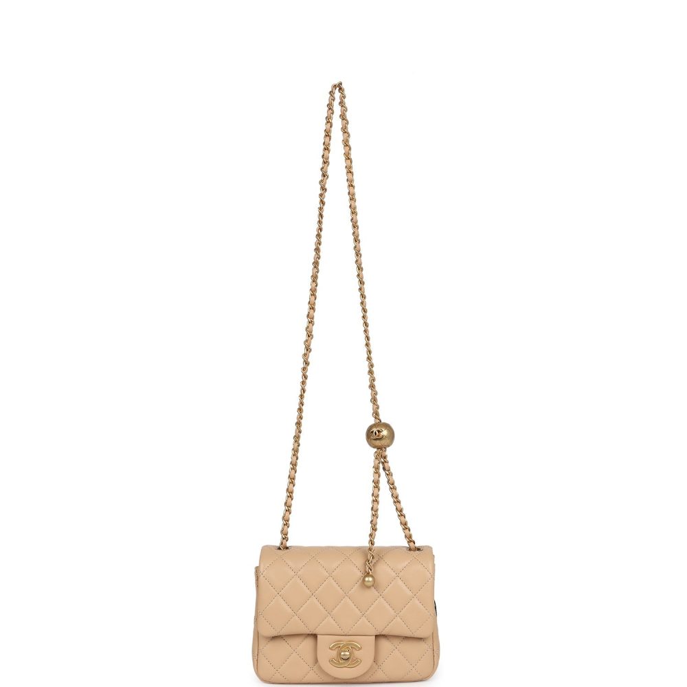 Chanel Mini Square Pearl Crush Flap Bag Beige Lambskin Aged Gold Hardware - Image 7