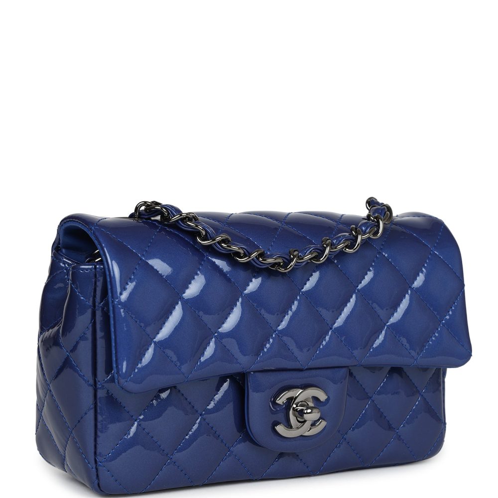 Pre-owned Chanel Mini Rectangular Flap Bag Blue Patent Ruthenium Hardware - Image 2