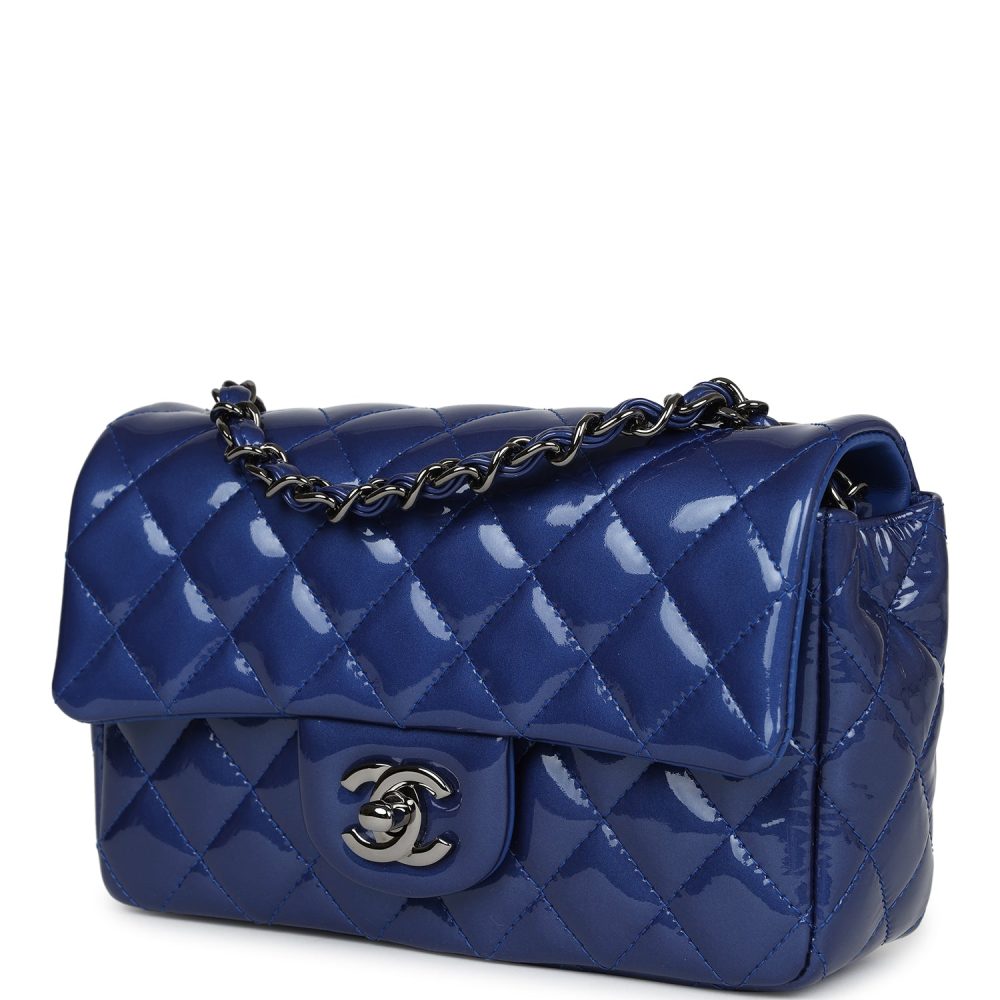Pre-owned Chanel Mini Rectangular Flap Bag Blue Patent Ruthenium Hardware - Image 5