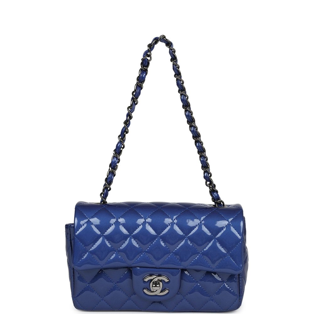 Pre-owned Chanel Mini Rectangular Flap Bag Blue Patent Ruthenium Hardware - Image 7
