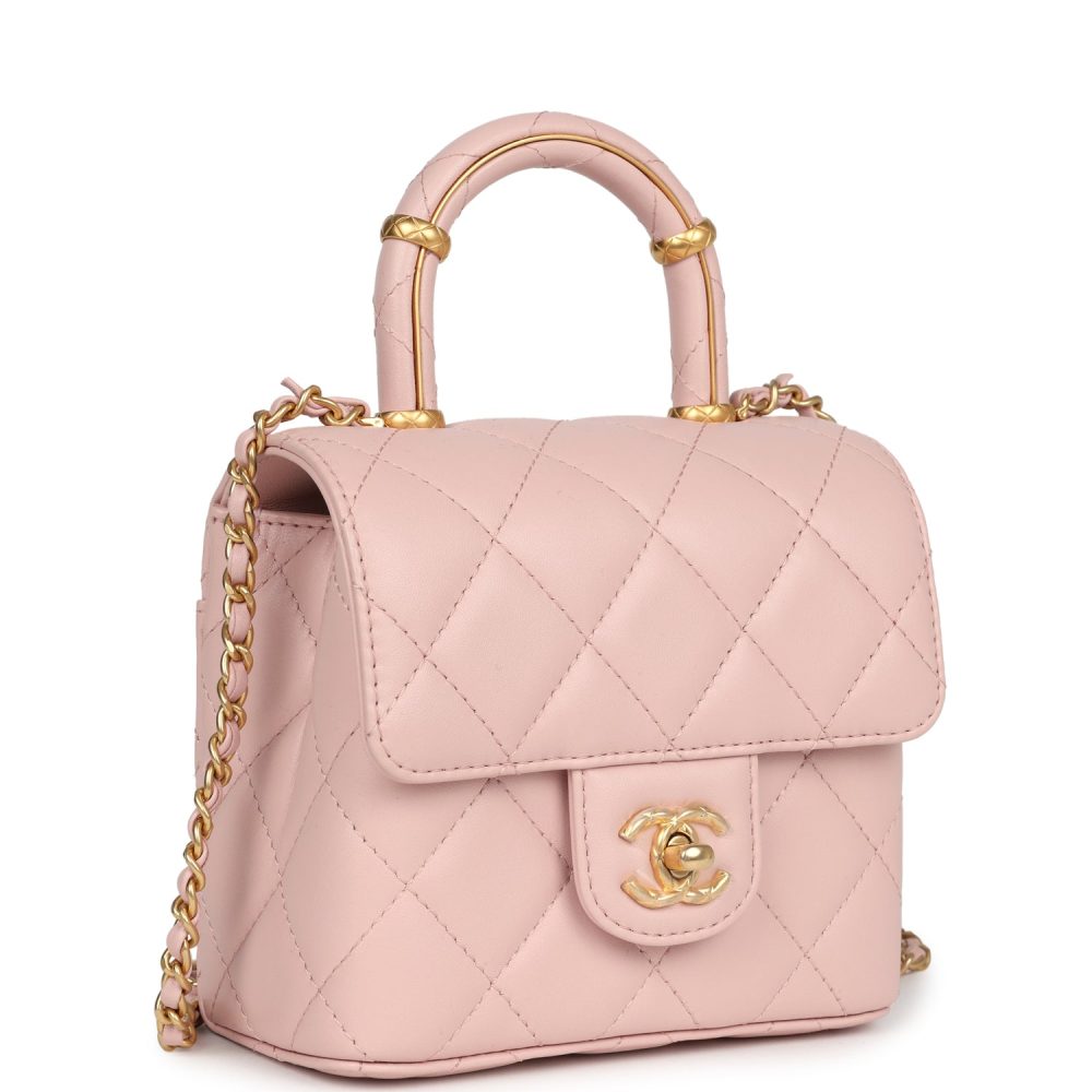 Chanel Mini Square Top Handle Flap Light Pink Lambskin Antique Gold Hardware - Image 2